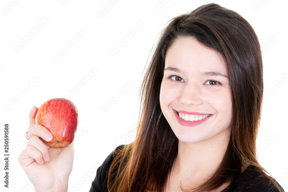 young pretty woman hold red apple on white background young pretty woman hold red apple on white background