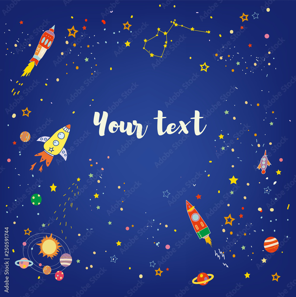 Cosmos background with planets and spaceships for kids. Vector graphic illustration