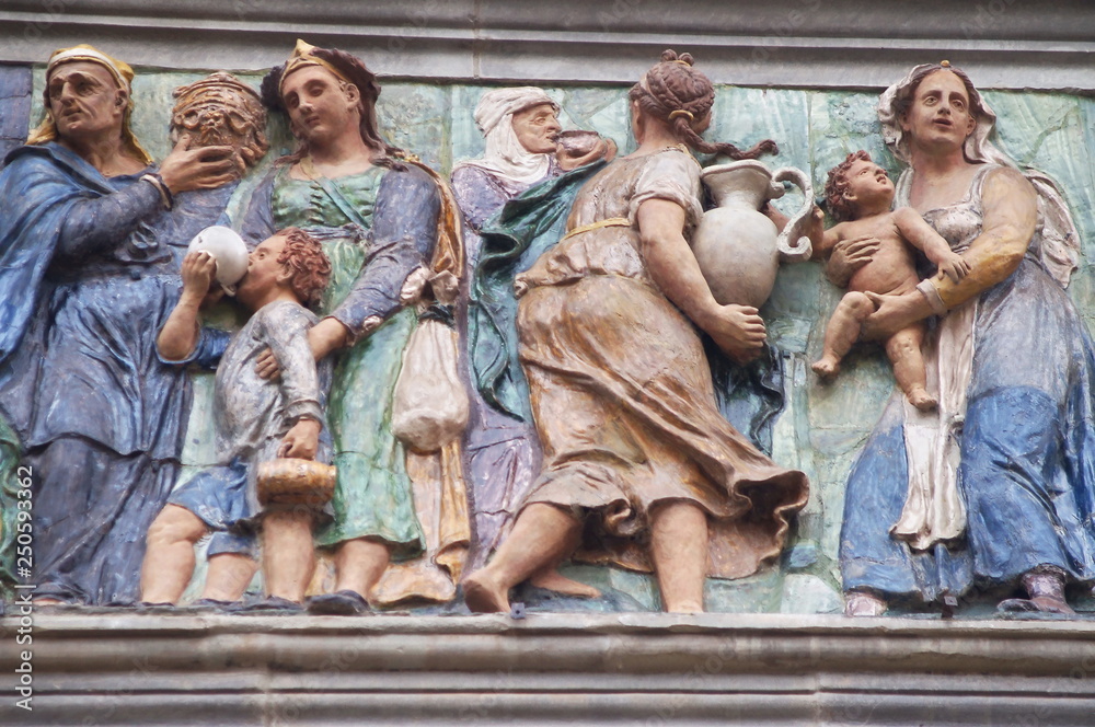 Detail of portal frieze of the Ospedale del Ceppo, Pistoia, Italy