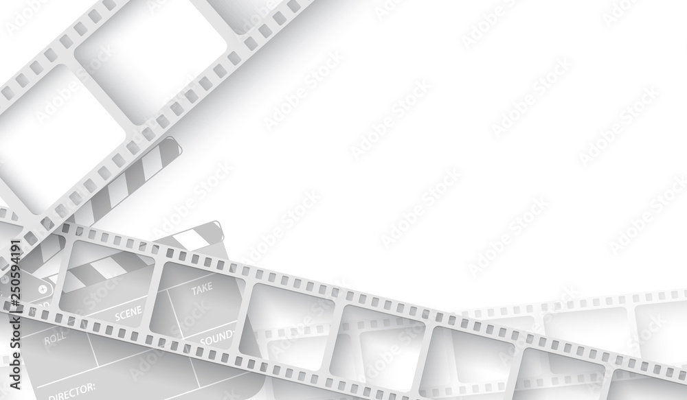 White blank with film strip frame and clapper-board isolated on white background. Design template cinema with space for your text. Vector cinema background , brochure, tickets, flyer, leaflet. EPS 10.