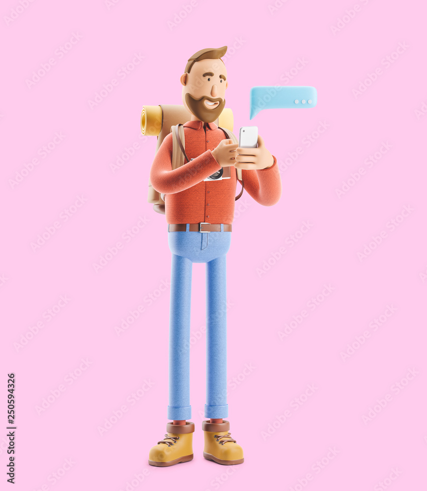 Cartoon character tourist writes a message on the phone. 3d illustration. Cartoon character tourist writes a message on the phone. 3d illustration.