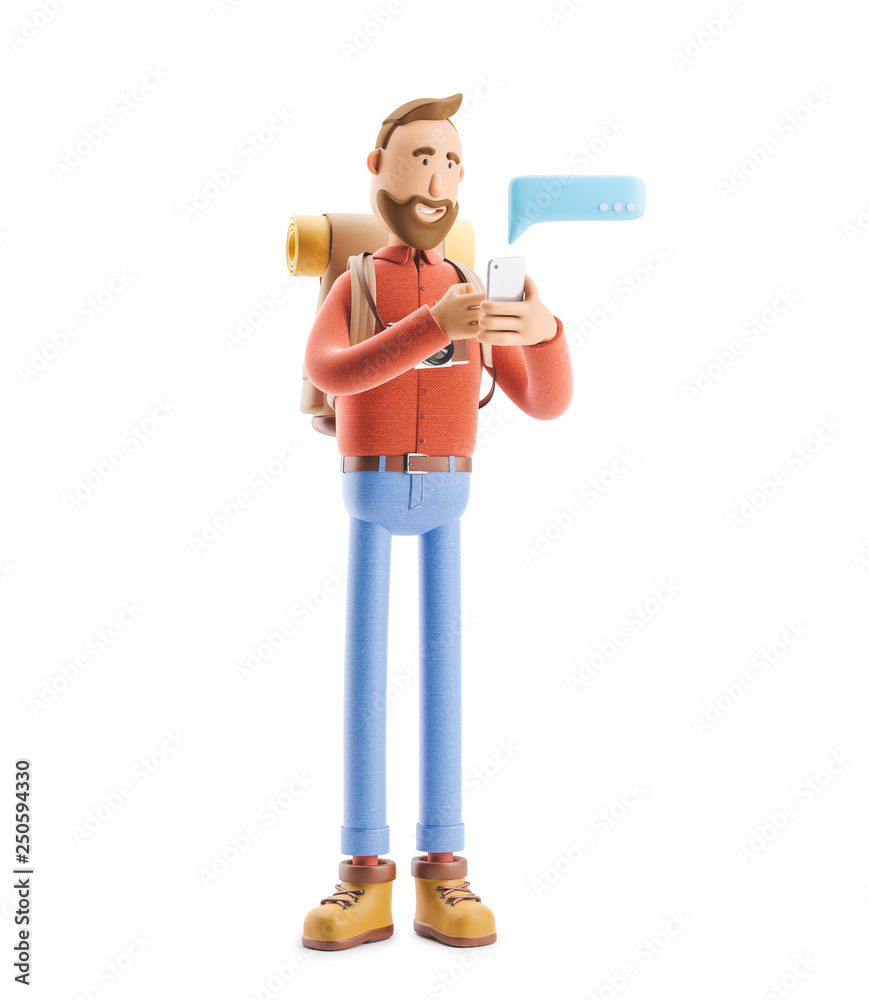 Cartoon character tourist writes a message on the phone. 3d illustration. Cartoon character tourist writes a message on the phone. 3d illustration.
