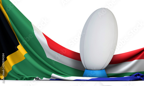 South Africa flag with rugby sport ball. 3D Rendering