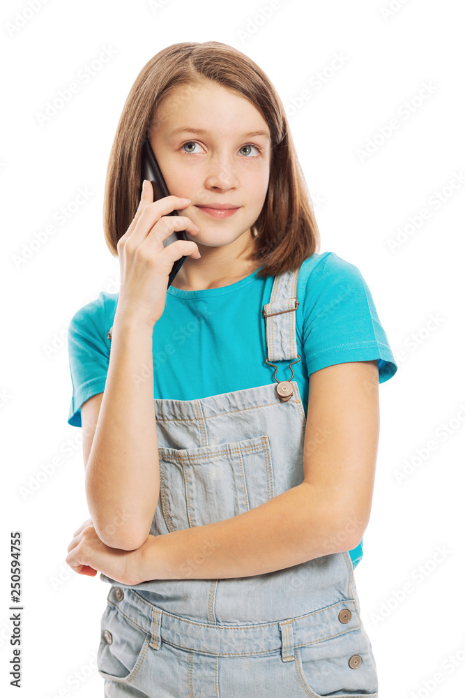 Smiling teen girl with phone, close-up, isolated on white background Smiling teen girl with phone, close-up, isolated on white background