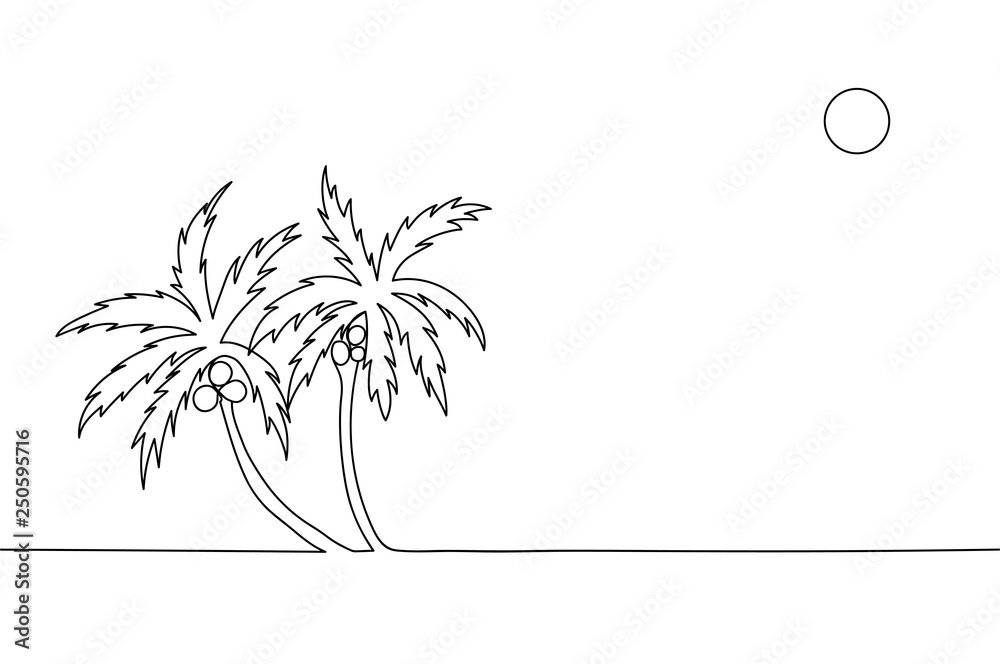 Fototapeta Ciągłe rysowanie linii palm z kokosami.