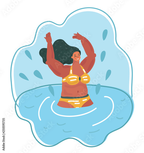 Woman in a striped bathing suit swimming.