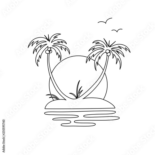 Hand line drawing of an oasis island with two palm trees, sunset and birds. 