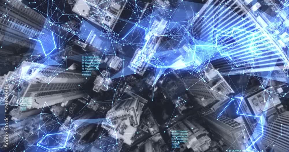 Business and communnication network on city background