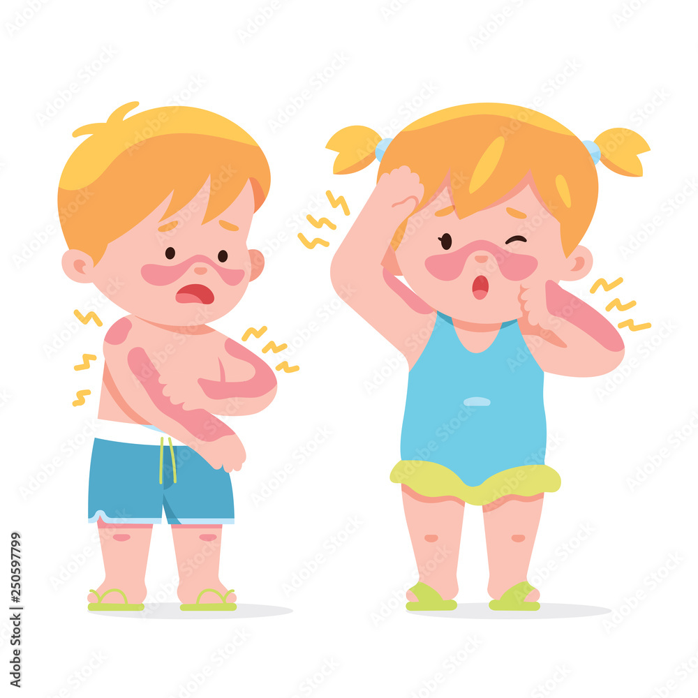 vector illustration kids, boy and girl sick got sunburn on their body in hot summer day - Vector