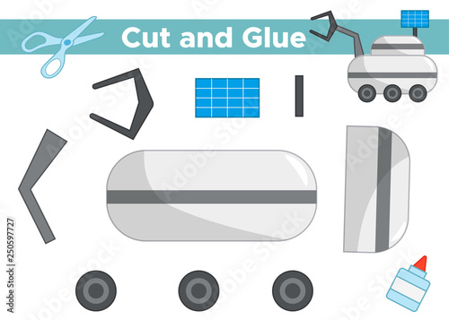 Education paper game for preschool kids. Create the applique moon loader. Cut and glue. Space theme. Vector illustration.