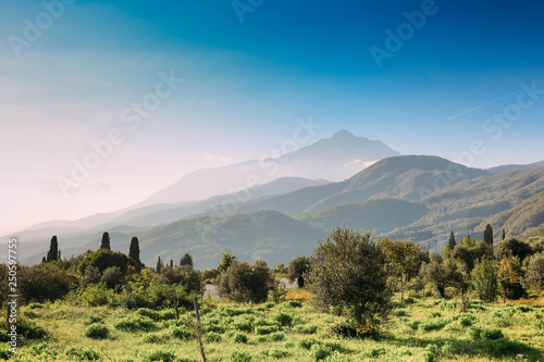 a view of the mountains and the Mediterranean Sea on a sunny summer day. holy mountain Athos, Greece, Halkidiki