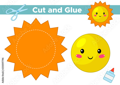 Education paper game for preschool kids. Create the applique cute cartoon sun. Cut and glue. Kawaii character. Vector illustration.