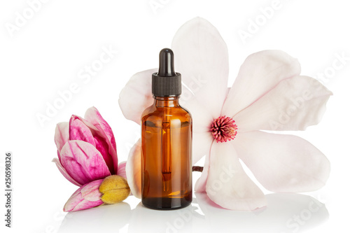 Magnolia flower oil isolated on white background. Skin care, spa, wellness, massage, aromatherapy and natural medicine