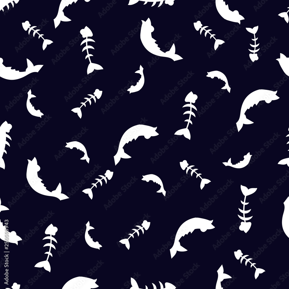 Animals, seamless pattern with cartoon fish and fish bones. The drawing in the style of hand drawn. Children drawing .Positive character. Vector Animals, seamless pattern with cartoon fish and fish bones. The drawing in the style of hand drawn. Children drawing .Positive character. Vector