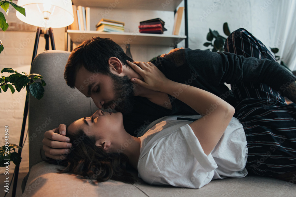 Couple in Love Hugging and Kissing at Home Stock Image - Image of