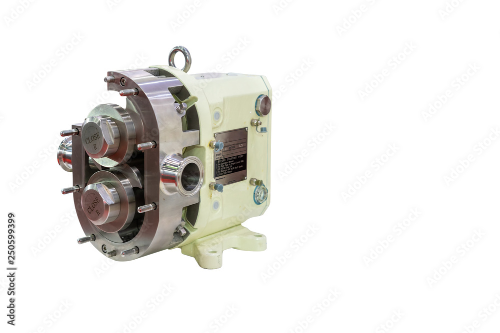 high technology and quality of rotary or lobe gear high pressure vacuum pump with gearbox for control flow rate water solvent chemical liquid or oil isolated on white background with clipping path