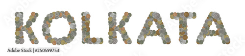 KOLKATA  word with stack of coins on white background