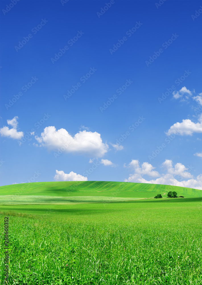 Idyllic view, green hills and blue sky with white clouds Idyllic view, green hills and blue sky with white clouds