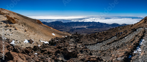 Top panoramic view of Teide crater with tracks and tourists