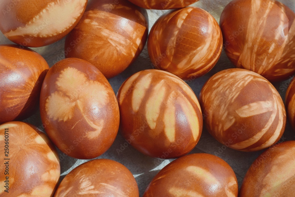 Obraz premium Traditional Easter eggs dyed with natural onion peels and leaves