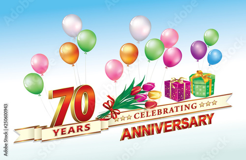 70th anniversary, birthday, 70 years, celebrations. Birthday card with gift boxes, flowers, balloons. Festive posters. Vector illustration