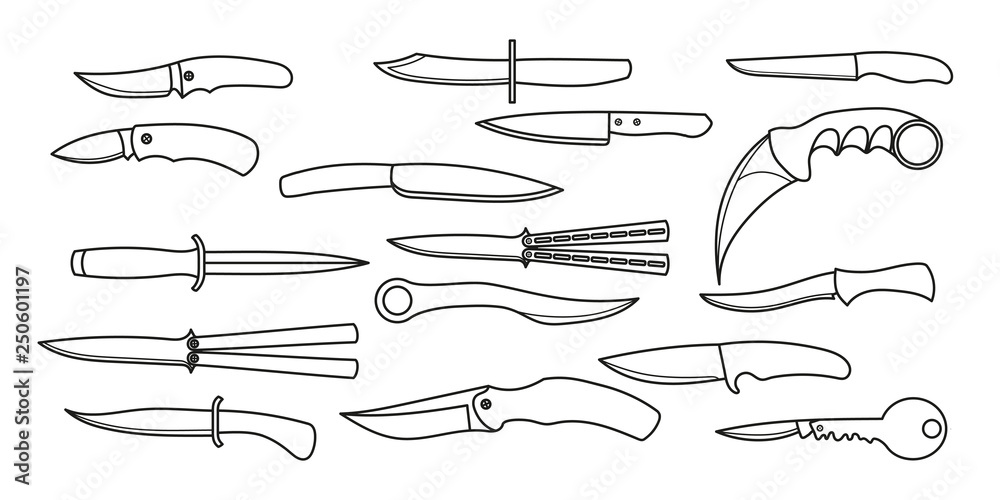 A set of all kinds of knives. Silhouettes knives. Vector illustration.