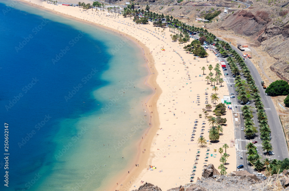 Las Teresitas beach with turquoise water and gold sand located in  San Andrés in Tenerife, Spain. Las Teresitas