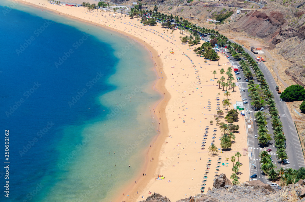 Las Teresitas beach with turquoise water and gold sand located in  San Andrés in Tenerife, Spain. Las Teresitas 