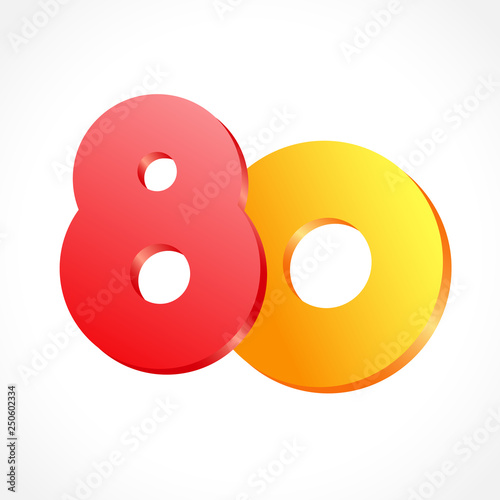 80 th years old congrats. Isolated abstract colored graphic design template. Up to 80 or -80 % off logotype. Round shape 0. Red 8 and gold null flying digits. Discount emblem on white background.