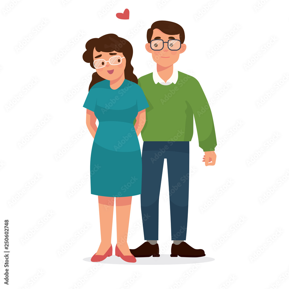 vector illustration of new couple a little bit too shy when they getting close to each other, nerd couple - Vector