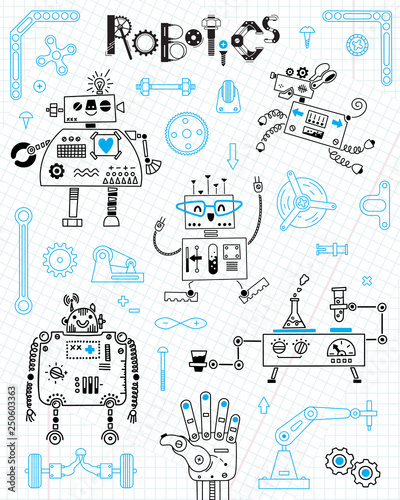 Robotics for kids. Set of design elements. Robots and details for construction. Vector illustration