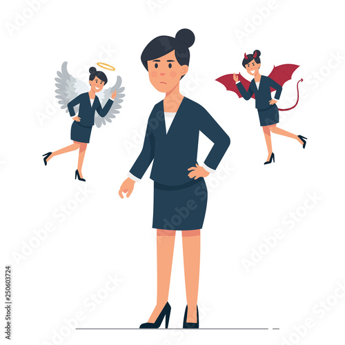 vector illustration female worker in deep thinking with angel and devil in her side - Vector