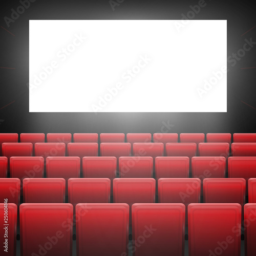 Movie cinema screen with red seats. Graphic concept for your design.Movie cinema premiere poster design with white screen.