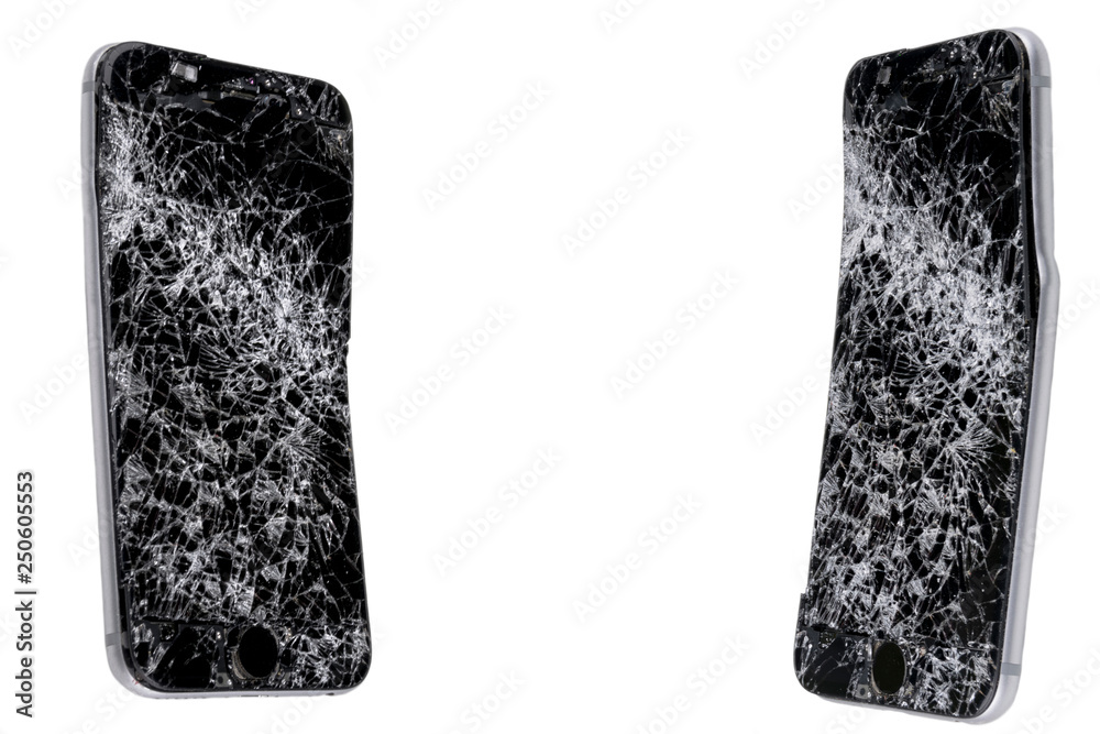 Two Modern mobile smartphone broken screen and damages. Cellphone crashed and scratch. Device destroyed. Smash gadget, need repair. Isolated on white background Stock Photo | Adobe Stock Two Modern mobile smartphone broken screen and damages. Cellphone crashed and scratch. Device destroyed. Smash gadget, need repair. Isolated on white background Stock Photo | Adobe Stock