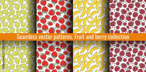 Seamless pattern set. Juicy fruit and berry collection. Lemon, strawberry, banana, raspberry. Hand drawn color vector sketch background. Colorful doodle wallpaper. Summer print