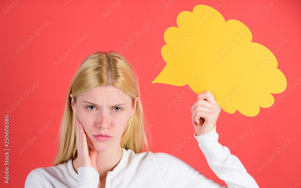 Girl with speech bubble. Thoughts of thoughtful adorable woman. Decision and solution. Solve problem. What is on her mind. Make decision. Hint and allude concept. Decision and thoughts copy space Girl with speech bubble. Thoughts of thoughtful adorable woman. Decision and solution. Solve problem. What is on her mind. Make decision. Hint and allude concept. Decision and thoughts copy space