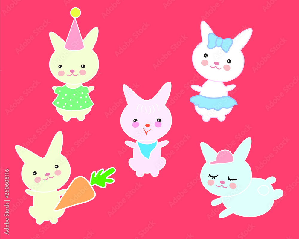 A set of cute rabbits in different costumes.