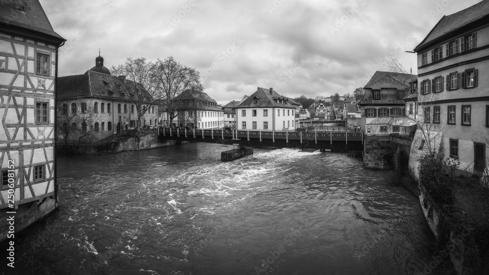 January 2019. Black and white panorama view on the river Pegnitz in Nuremberg, Germany