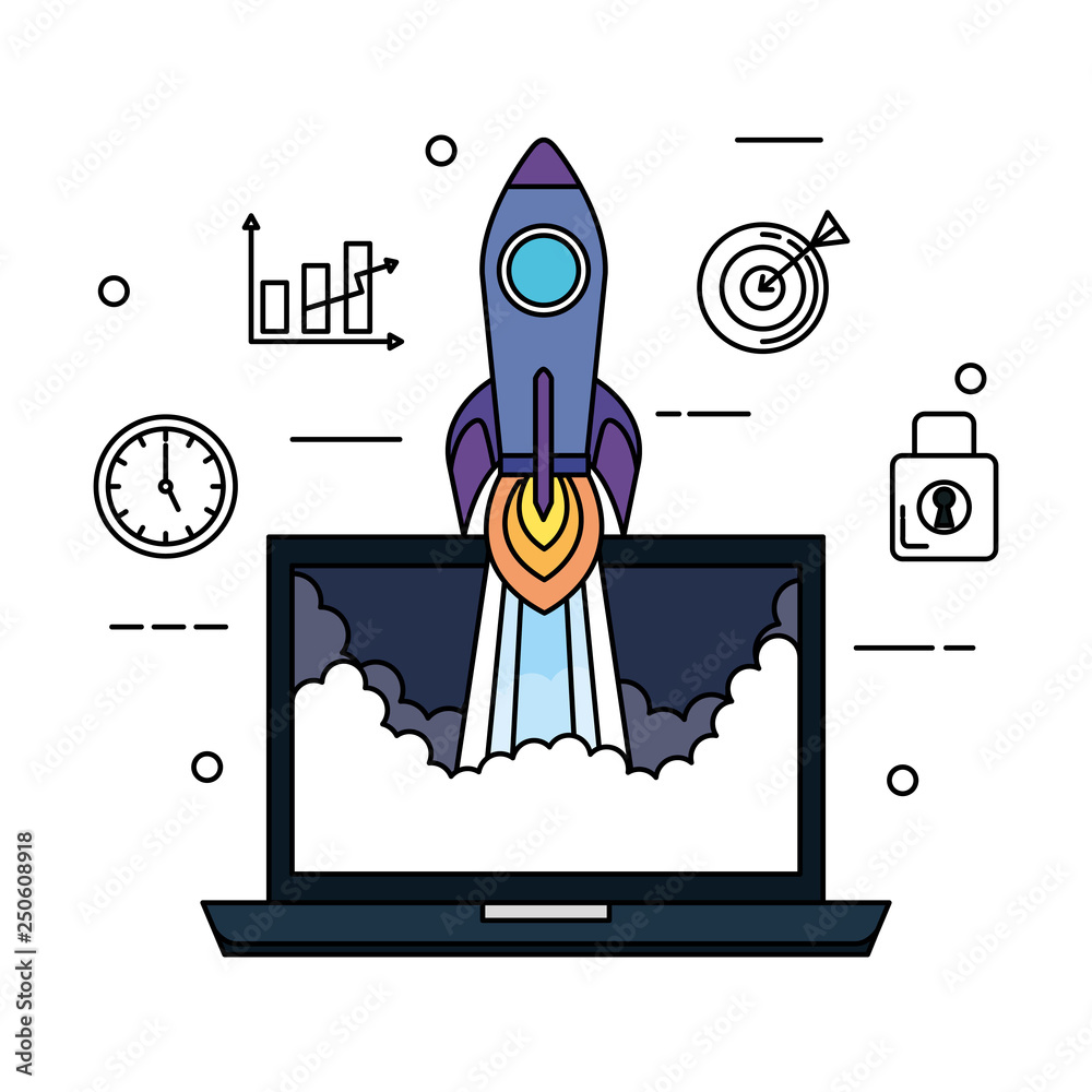 laptop with rocket and business set icons laptop with rocket and business set icons