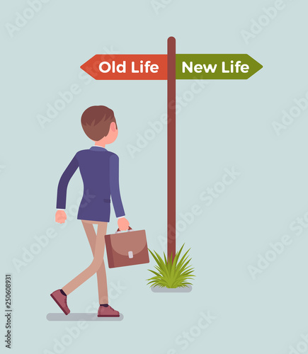 Signpost pole to a direct man, old and new life choice. Young person choosing a road, start of another way, thinking of decision to begin and change lifestyle, become different. Vector illustration