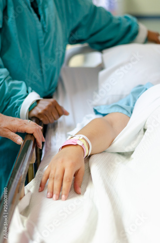 Photography A patient lying in a hospital bed with doctors and nurses attending to her