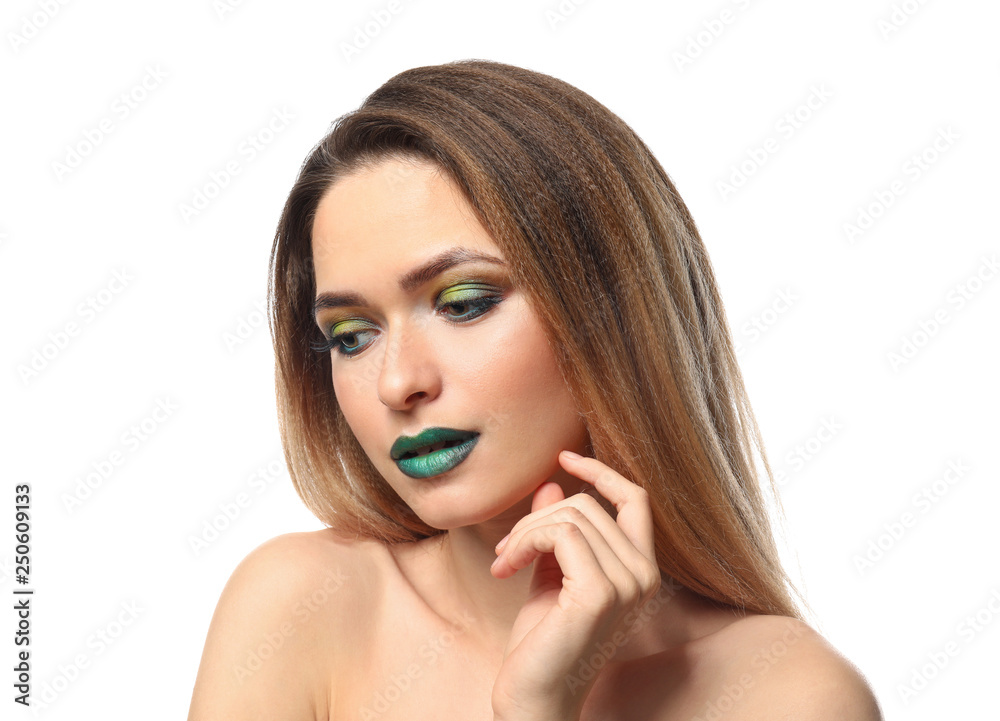 Beautiful young woman with bright makeup on white background Beautiful young woman with bright makeup on white background
