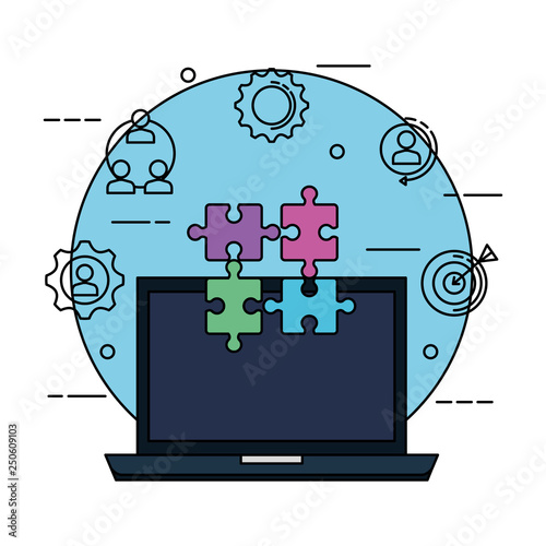 laptop with puzzle pieces and business set icons