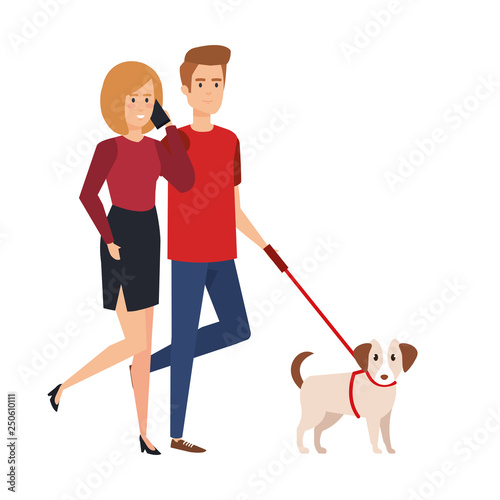 lovers couple walking with dog