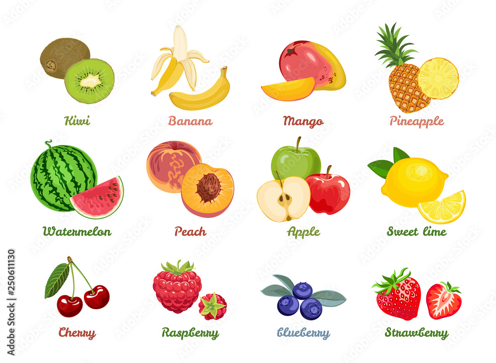 Set of named vector flat icons of fruits and berries isolated on white ...