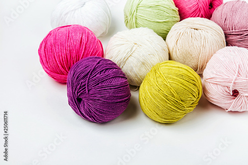 Colorful yarn for knitting on White background.