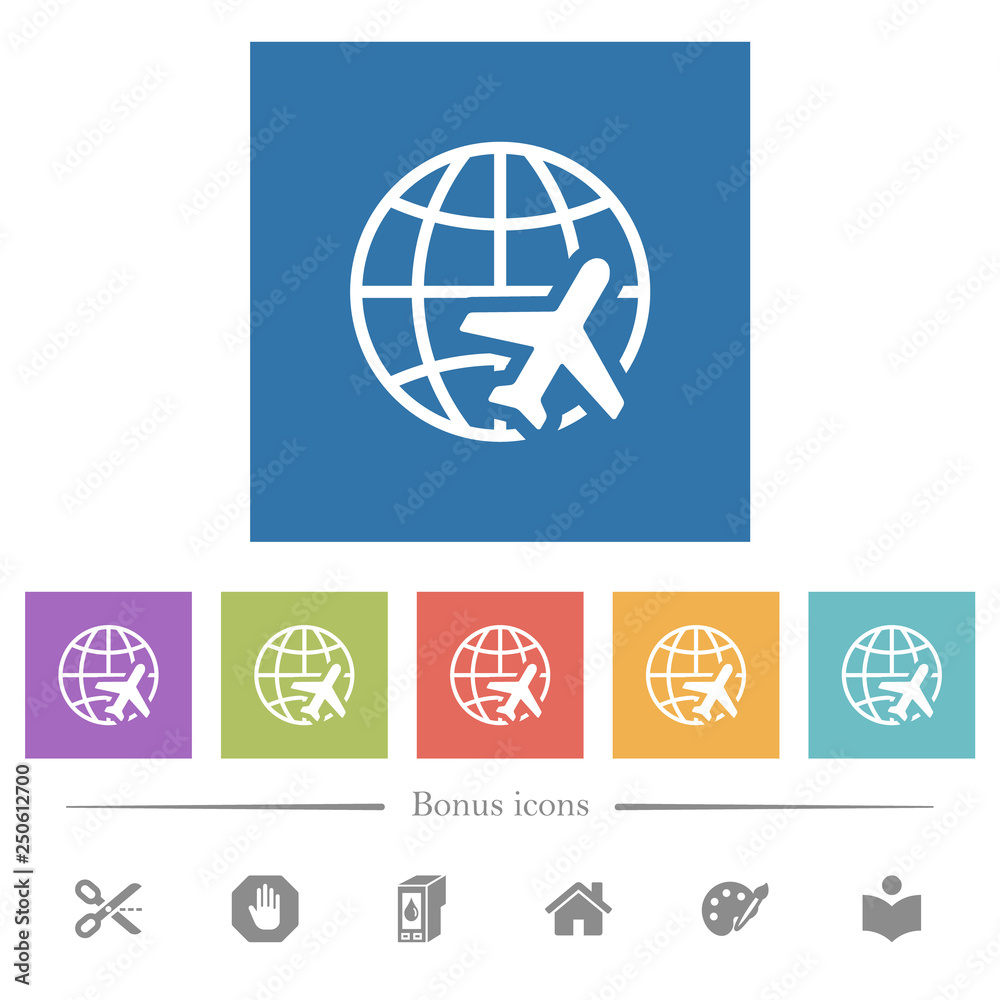 World travel flat white icons in square backgrounds
