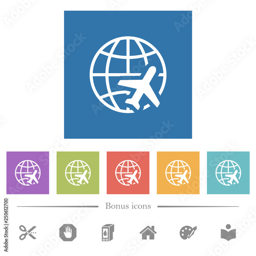 World travel flat white icons in square backgrounds
