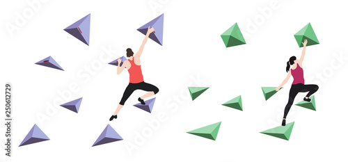 Women climb on a climbing wall in a climbing gym isolated on a white background. Vector illustration.