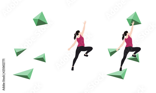 Women climb on a climbing wall in a climbing gym isolated on a white background. Vector illustration.
